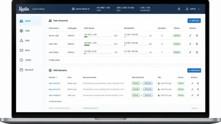 dashboard HestiaCP manajemen user dan domain hosting VPS ringan dashboard HestiaCP manajemen user dan domain hosting VPS ringan