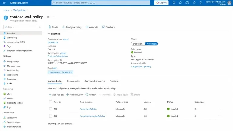 tampilan panel kebijakan azure web application firewall mode detection prevention