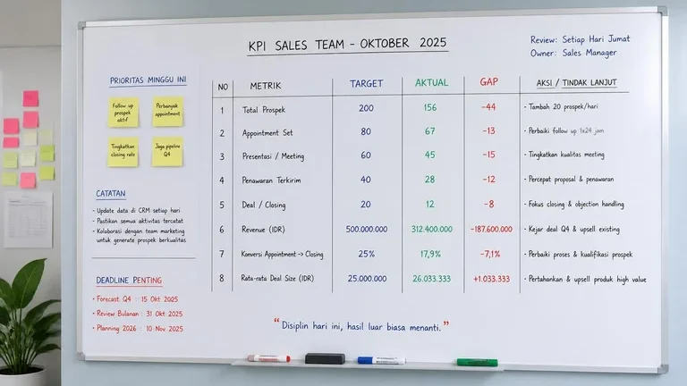 papan tulis manajemen tim dengan kolom target aktual gap key performance indicator perusahaan