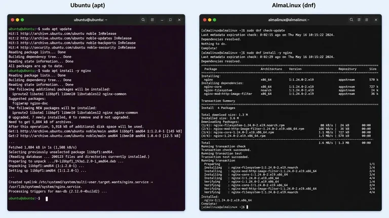 perbandingan terminal apt Ubuntu dan dnf AlmaLinux di VPS Linux