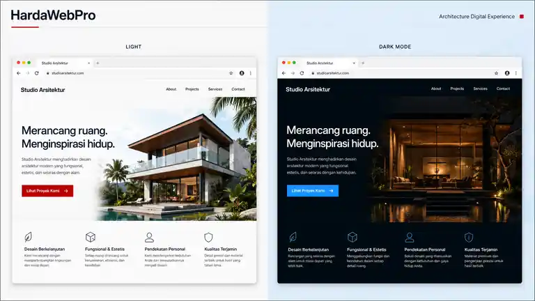 perbandingan desain website perusahaan arsitektur light mode dan dark mode modern perbandingan desain website perusahaan arsitektur light mode dan dark mode modern