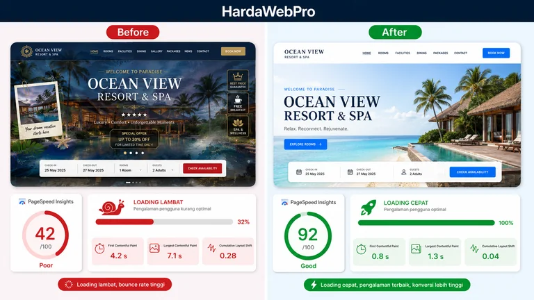 perbandingan sebelum sesudah tampilan desain website resort dan kecepatan loading mobile perbandingan sebelum sesudah tampilan desain website resort dan kecepatan loading mobile