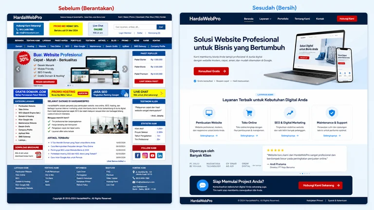 perbandingan contoh website bisnis UI UX berantakan versus bersih perbandingan contoh website bisnis UI UX berantakan versus bersih