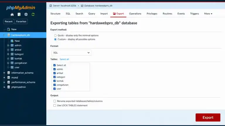 backup database MySQL lewat phpMyAdmin GUI untuk merawat database besar