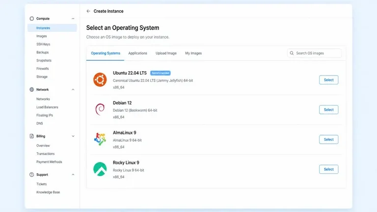 screenshot konsol VPS memilih image distro linux untuk VPS Ubuntu Debian AlmaLinux