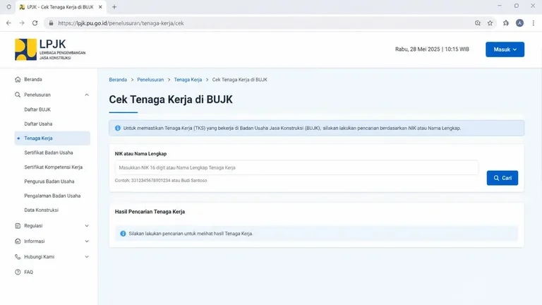 tampilan portal LPJK untuk cara cek SKK terdaftar di perusahaan lewat NIK atau nama