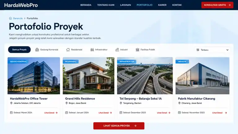 contoh portfolio grid website compro desain modern industri konstruksi Indonesia