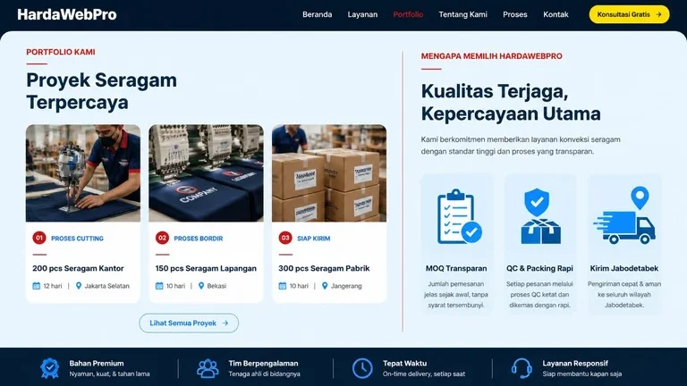 section portfolio dan trust signal B2B pada inspirasi desain website UMKM konveksi seragam custom section portfolio dan trust signal B2B pada inspirasi desain website UMKM konveksi seragam custom