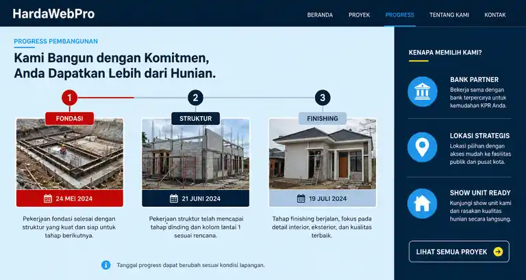 section progress pembangunan dan trust signal pada website perumahan real estate