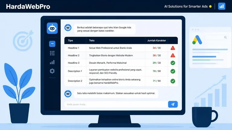 tampilan chat AI menghasilkan tabel headline dan deskripsi teks iklan Google Ads sesuai batas karakter tampilan chat AI menghasilkan tabel headline dan deskripsi teks iklan Google Ads sesuai batas karakter