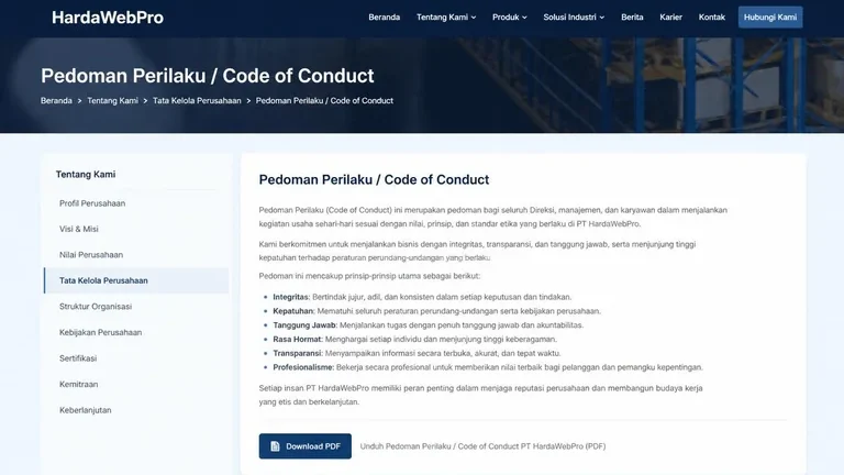 contoh halaman code of conduct perusahaan pada website company profile B2B Indonesia