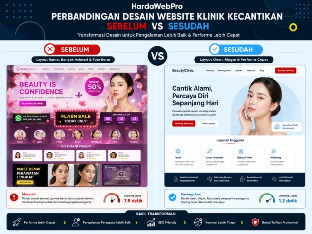 perbandingan sebelum sesudah desain web klinik kecantikan optimasi kecepatan loading