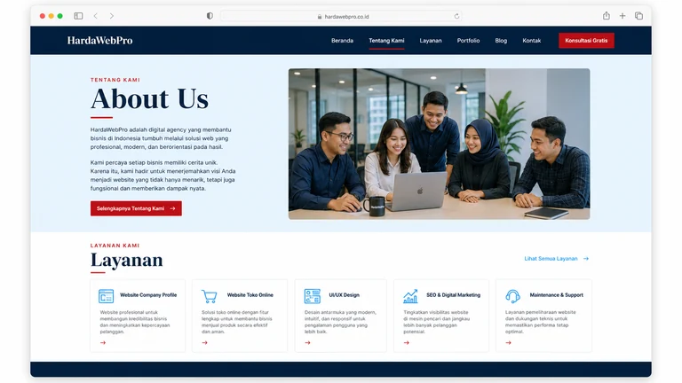 section about us website compro desain modern minimalis perusahaan Indonesia