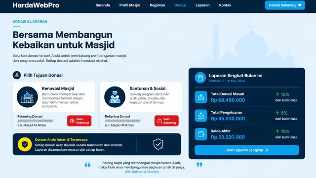 contoh section donasi dan laporan pada desain website masjid