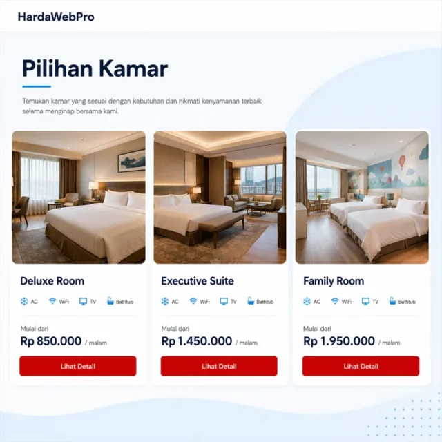section tipe kamar pada contoh desain website hotel profesional dengan harga IDR section tipe kamar pada contoh desain website hotel profesional dengan harga IDR