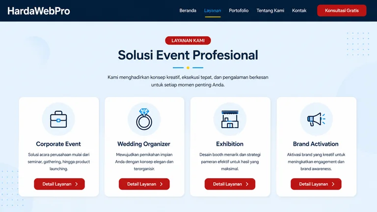 section layanan corporate wedding exhibition pada desain web compro event organizer section layanan corporate wedding exhibition pada desain web compro event organizer