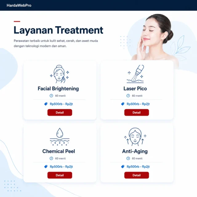 section layanan treatment pada desain web klinik kecantikan dengan harga dan durasi jelas