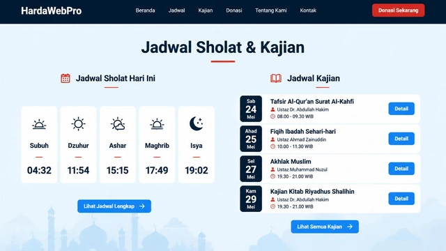 contoh section jadwal sholat dan kajian pada desain website masjid