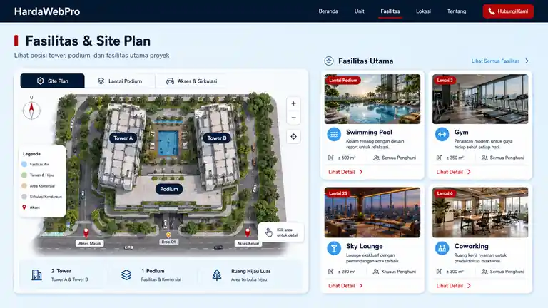 site plan tower dan fasilitas bersama pada website penjualan apartemen Indonesia