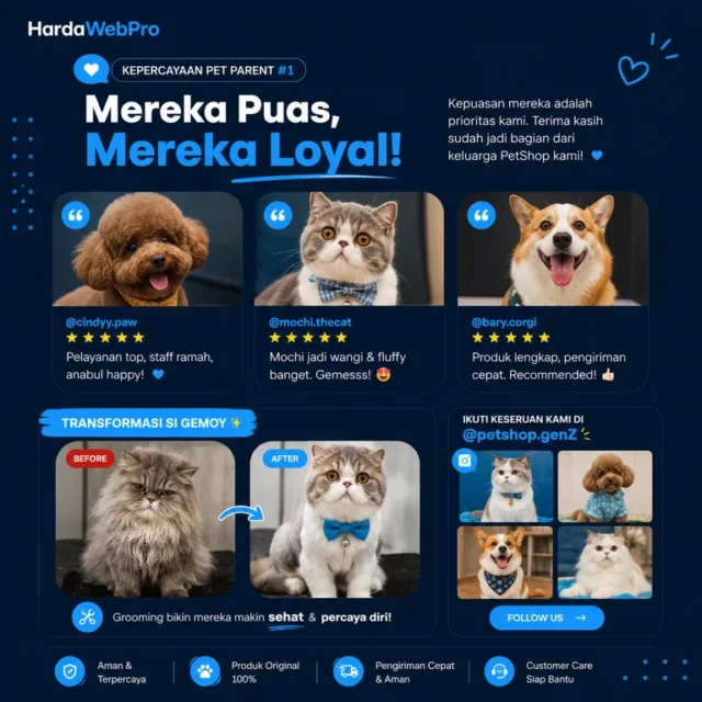social proof review before after pada desain website petshop gen-z