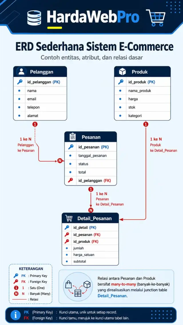 infografis ERD struktur database e-commerce relasi tabel pelanggan pesanan produk