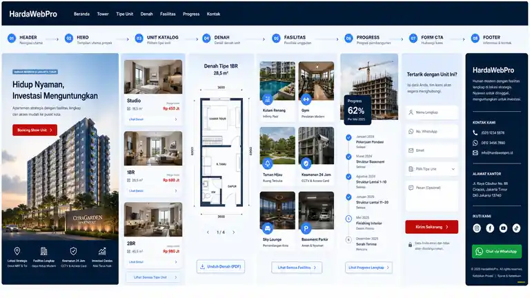 struktur section desain website penjualan apartemen dari header hingga footer dengan navigasi tower