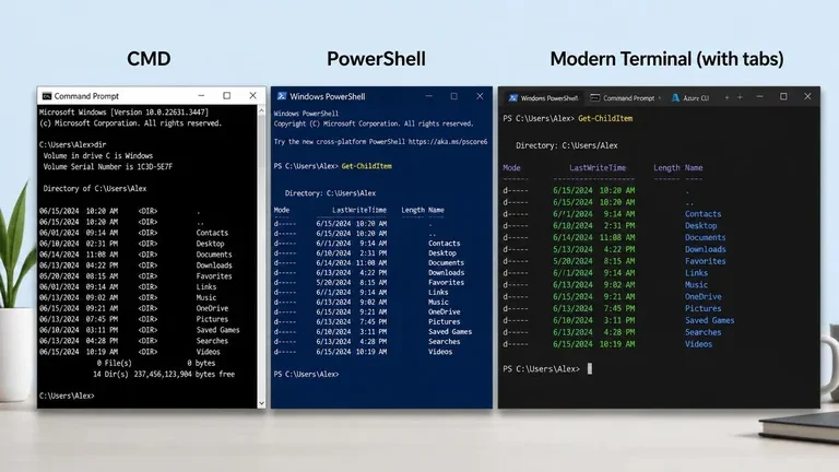 perbandingan jendela cmd powershell dan aplikasi terminal windows modern dengan tab perbandingan jendela cmd powershell dan aplikasi terminal windows modern dengan tab