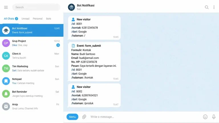 contoh notifikasi telegram bot saat ada pengunjung website realtime