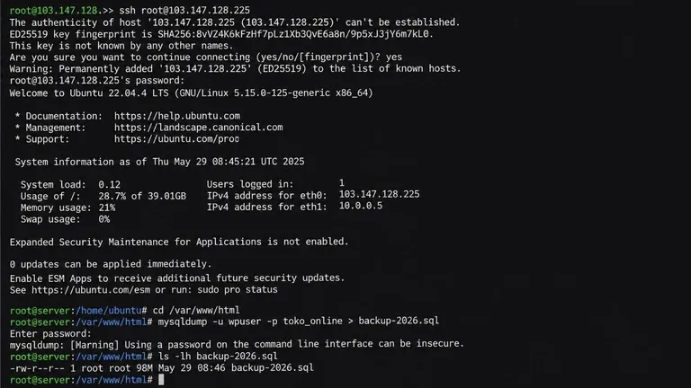screenshot terminal cara menggunakan mysql dump dengan perintah mysqldump command