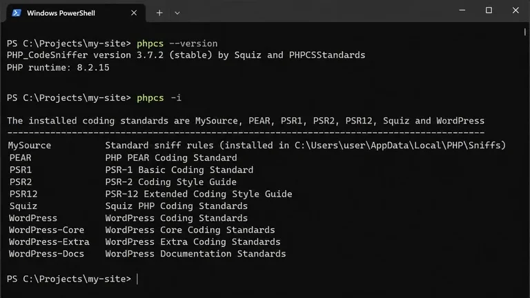 terminal windows menampilkan phpcs version dan daftar standard wpcs