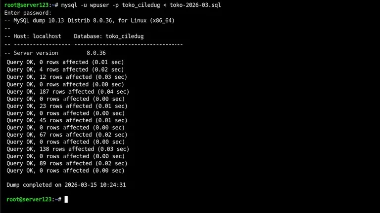 screenshot terminal restore database mysql dari file dump sql