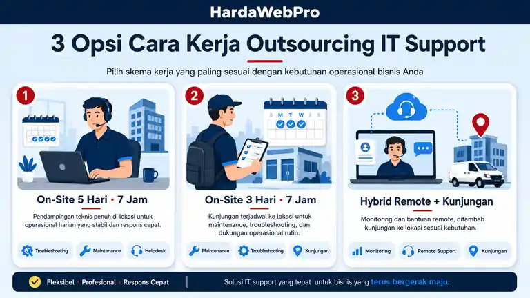 tiga opsi cara kerja jasa outsourcing IT support Tangerang on-site dan hybrid tiga opsi cara kerja jasa outsourcing IT support Tangerang on-site dan hybrid