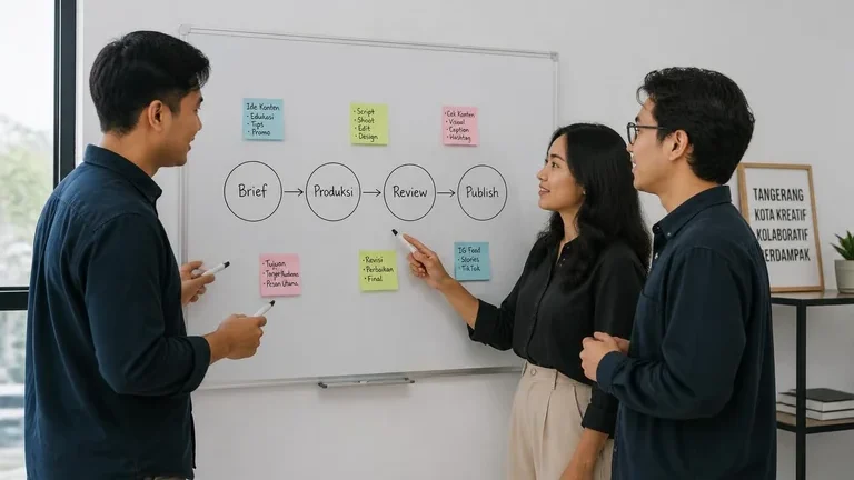 tim startup mendiskusikan alur SOP perusahaan di papan tulis