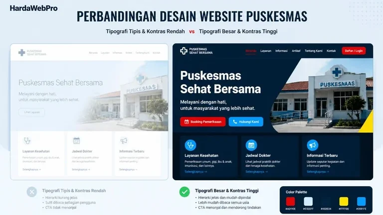 perbandingan keterbacaan contoh tampilan desain website puskesmas modern vs jelas perbandingan keterbacaan contoh tampilan desain website puskesmas modern vs jelas
