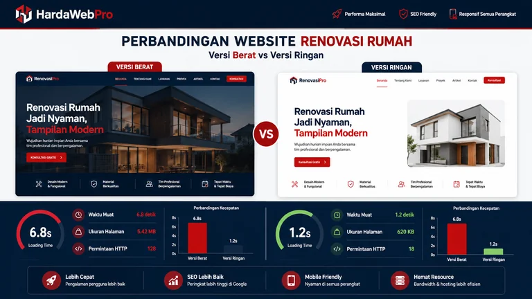 perbandingan optimasi kecepatan loading desain web company profile jasa renovasi rumah
