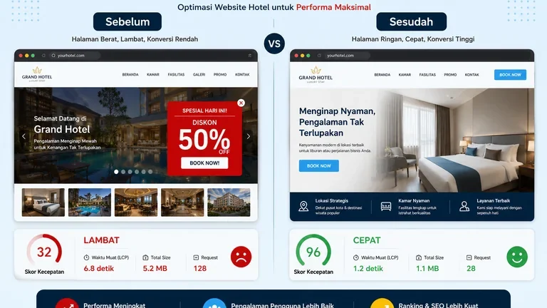 perbandingan sebelum sesudah desain tampilan website hotel profesional dan kecepatan loading perbandingan sebelum sesudah desain tampilan website hotel profesional dan kecepatan loading
