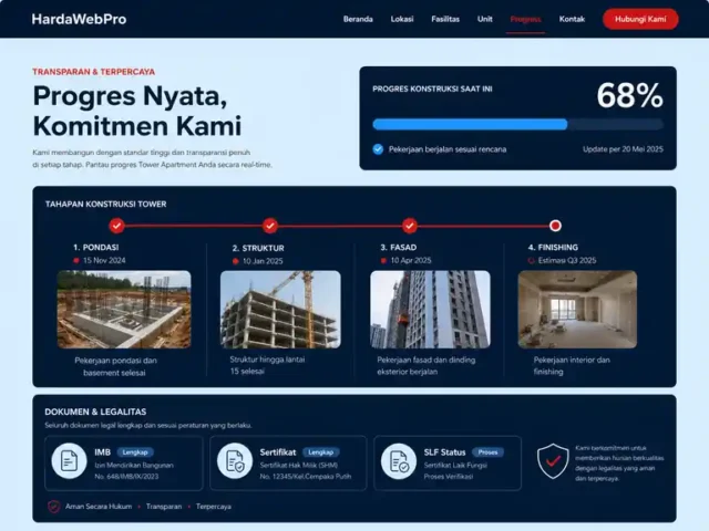 blok trust legalitas dan progres tower pada desain website penjualan apartemen