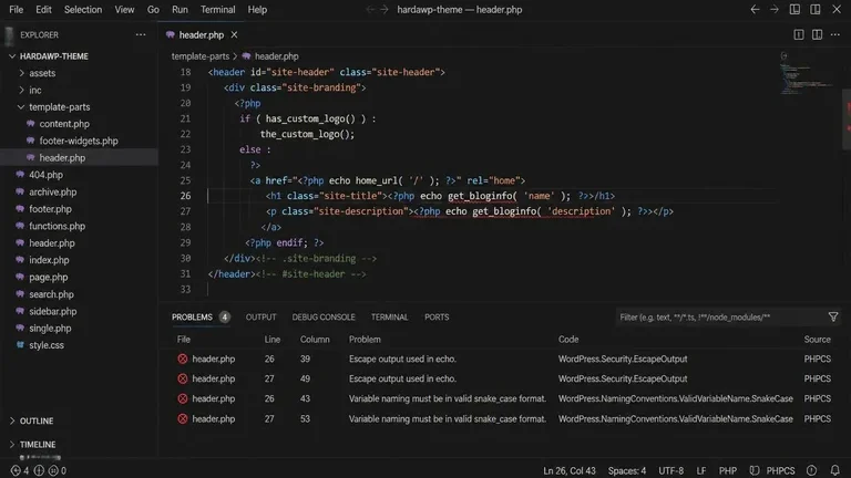 panel problems vscode menampilkan error phpcs wpcs escape output