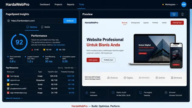 mockup analisis performa website compro perusahaan wordpress vs laravel