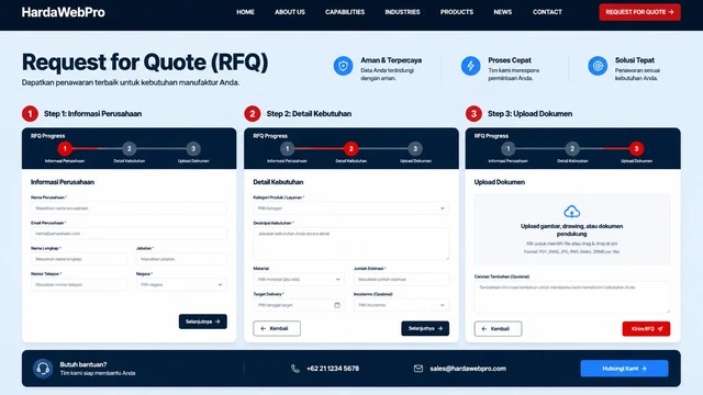 mockup form RFQ custom pada website compro perusahaan laravel vs wordpress