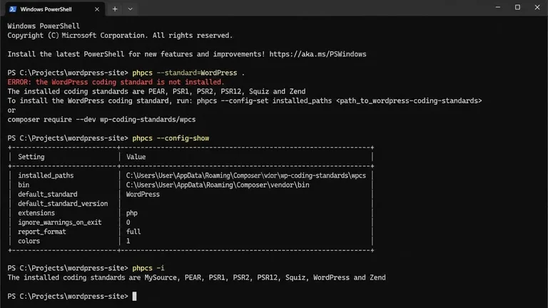 troubleshooting error wordpress standard not installed pada phpcs windows