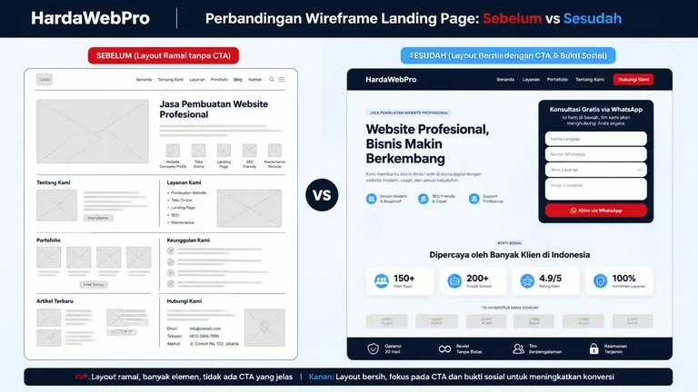 wireframe sebelum sesudah desain landing page dengan CTA WhatsApp dan bukti sosial wireframe sebelum sesudah desain landing page dengan CTA WhatsApp dan bukti sosial