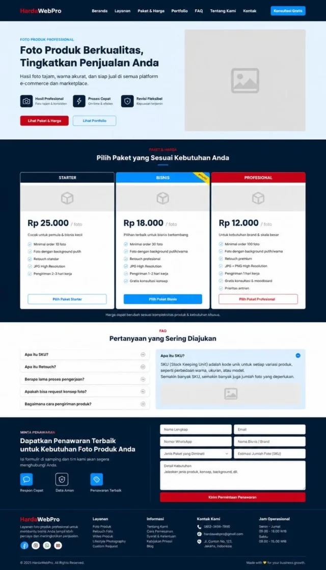 wireframe halaman price list jasa fotografi produk paket SKU dan retouch