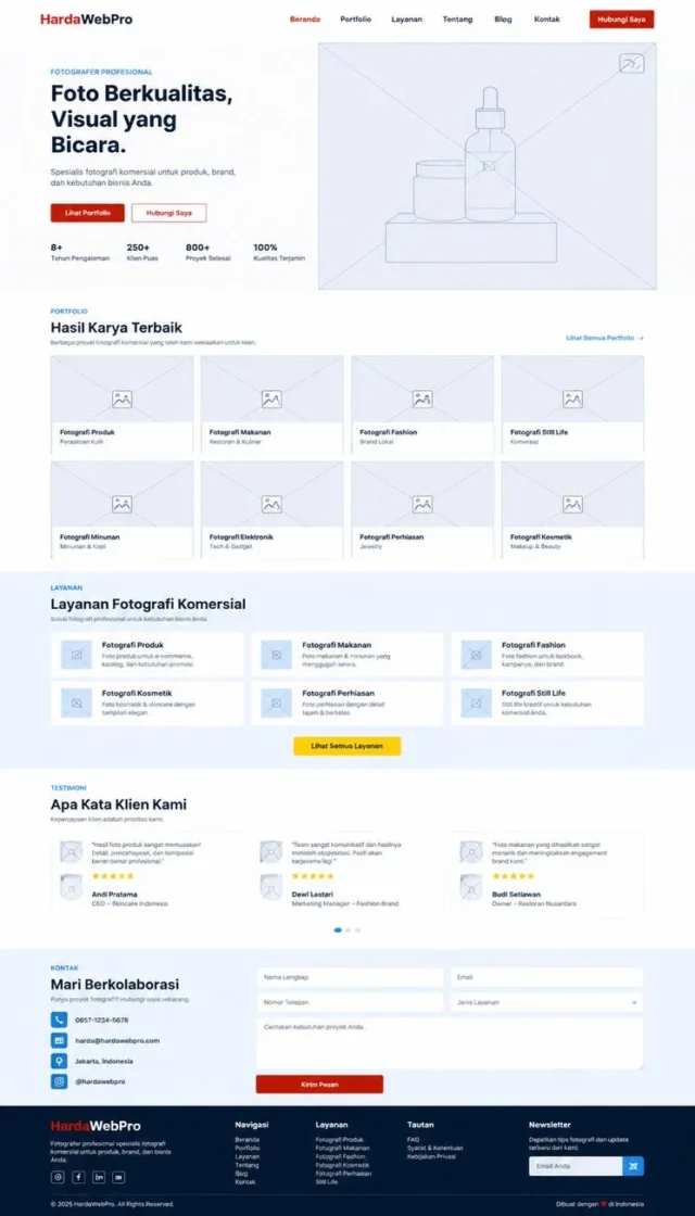 wireframe website portofolio fotografer dan layanan fotografi produk