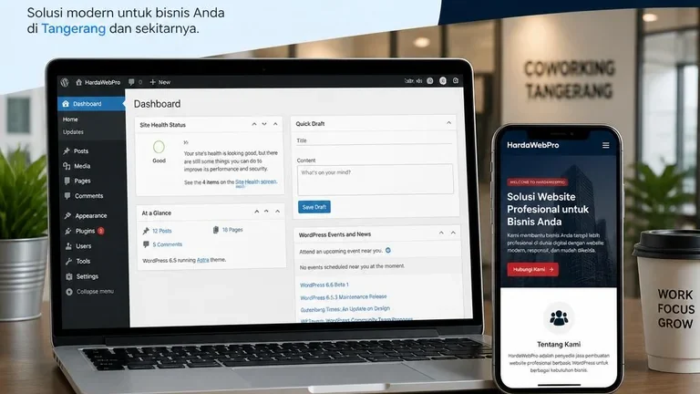 dashboard WordPress dan preview mobile jasa pembuatan web wordpress tangerang dashboard WordPress dan preview mobile jasa pembuatan web wordpress tangerang